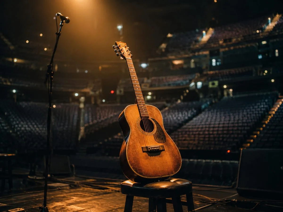 Close-up of an acoustic guitar on stage