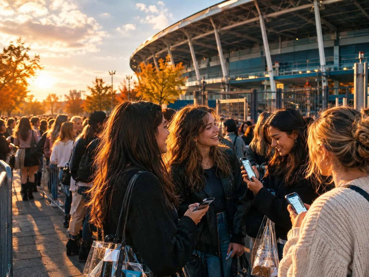 Fans queuing outside a stadium before doors open
