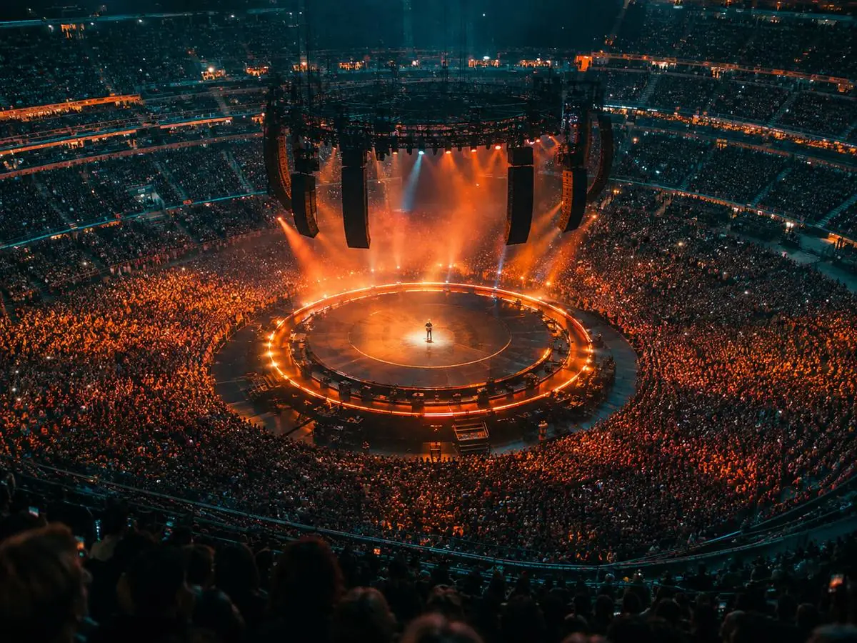 Ed Sheeran on the rotating main stage in the middle of a stadium floor